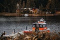 Red motorboat on lake pier near cone forest and buildings.